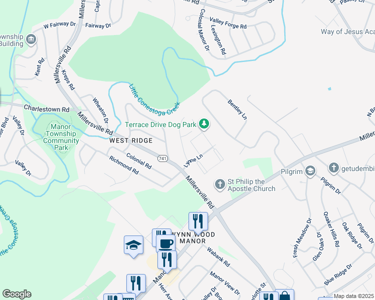 map of restaurants, bars, coffee shops, grocery stores, and more near 10 Chamberlain Lane in Millersville