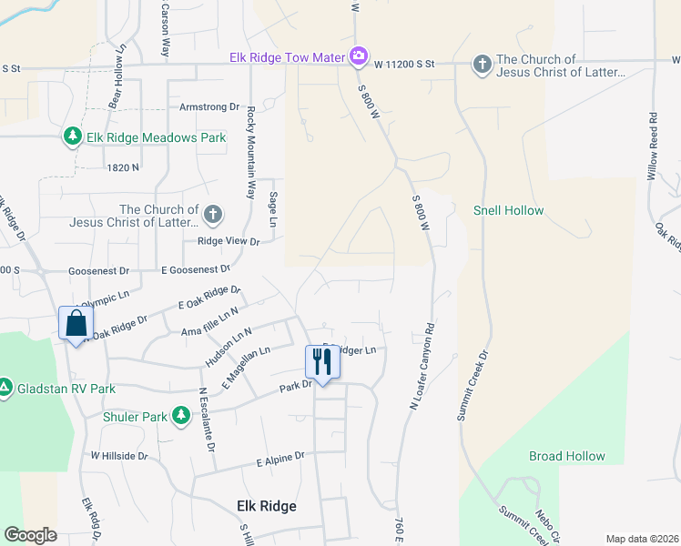 map of restaurants, bars, coffee shops, grocery stores, and more near 591 East Longview Drive in Elk Ridge