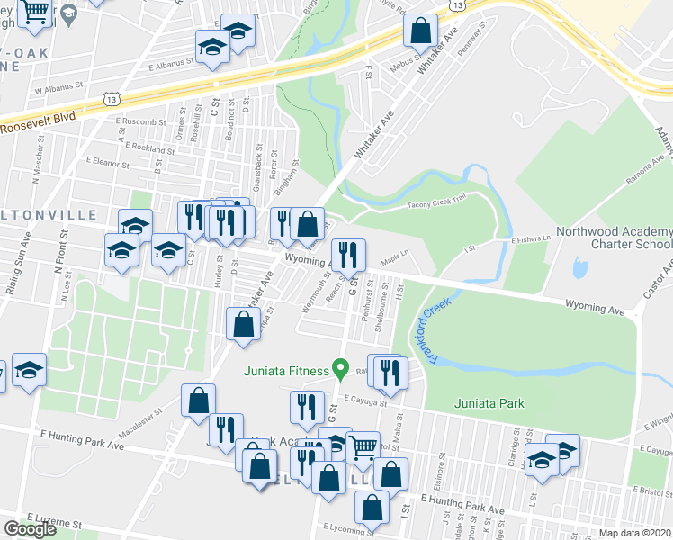 map of restaurants, bars, coffee shops, grocery stores, and more near 4665 Weymouth Street in Philadelphia