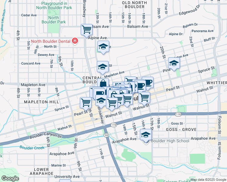 map of restaurants, bars, coffee shops, grocery stores, and more near in Boulder