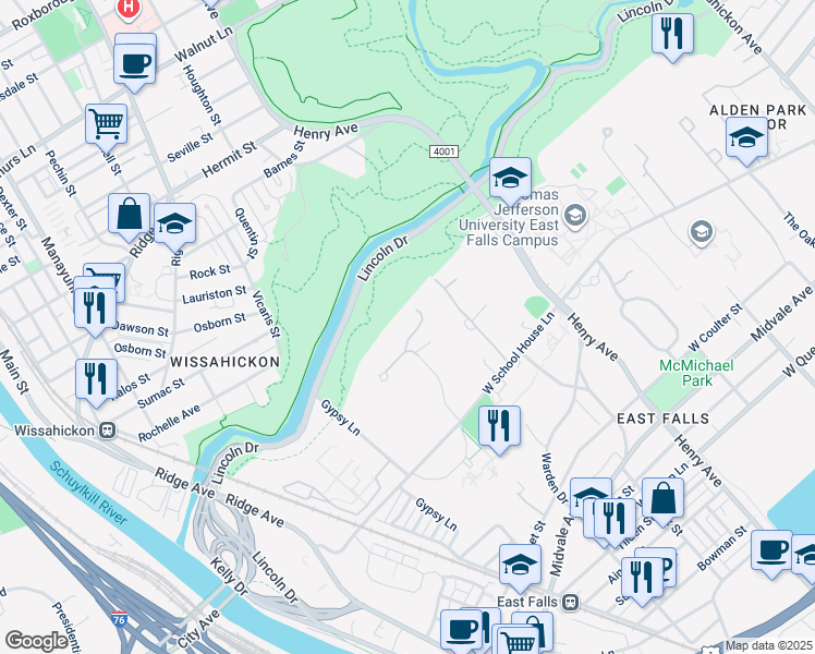 map of restaurants, bars, coffee shops, grocery stores, and more near 4119 Apalogen Road in Philadelphia