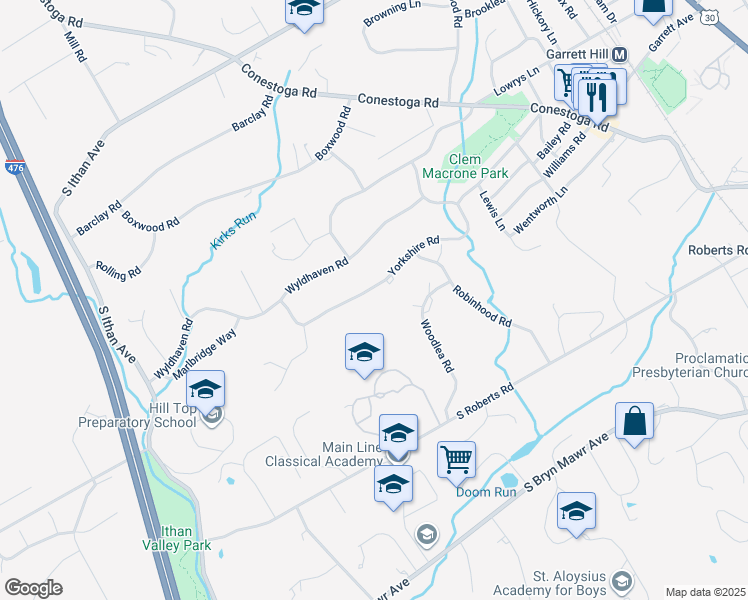 map of restaurants, bars, coffee shops, grocery stores, and more near 397 Yorkshire Road in Bryn Mawr