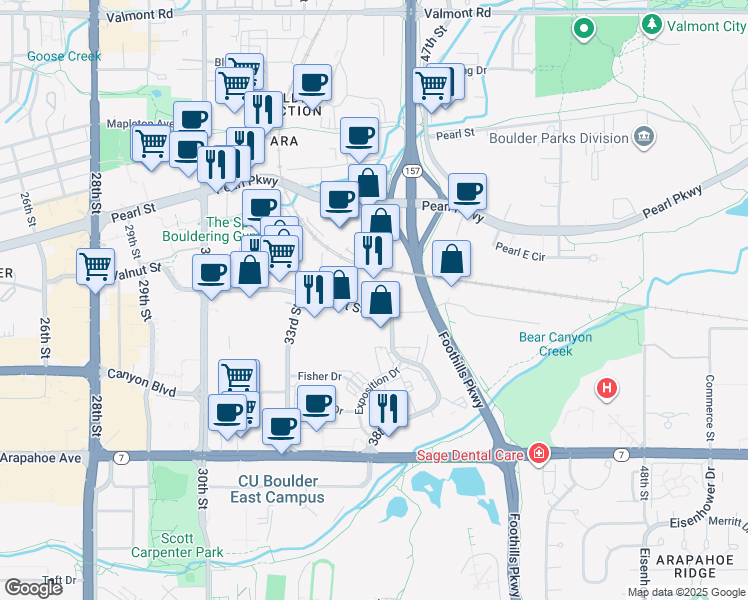 map of restaurants, bars, coffee shops, grocery stores, and more near 3675-3825 Walnut Street in Boulder
