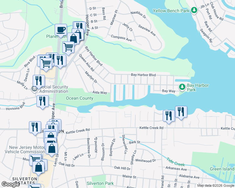 map of restaurants, bars, coffee shops, grocery stores, and more near 12 Homewood Drive in Brick Township
