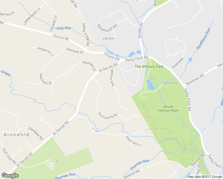 map of restaurants, bars, coffee shops, grocery stores, and more near 107 Masons Way in Newtown Square