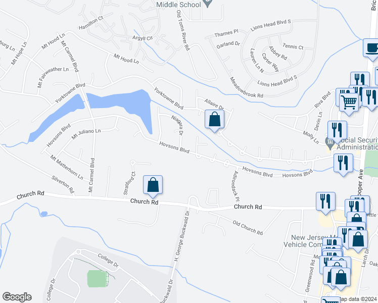 map of restaurants, bars, coffee shops, grocery stores, and more near 2102 Hovsons Boulevard in Toms River