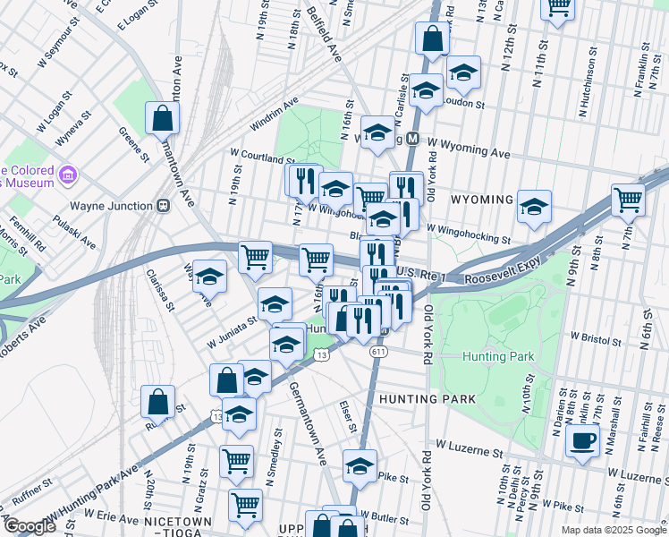 map of restaurants, bars, coffee shops, grocery stores, and more near 1532 Saint Luke Street in Philadelphia