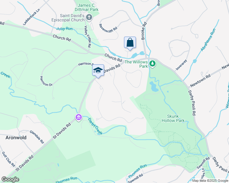 map of restaurants, bars, coffee shops, grocery stores, and more near 107 Masons Way in Newtown Square