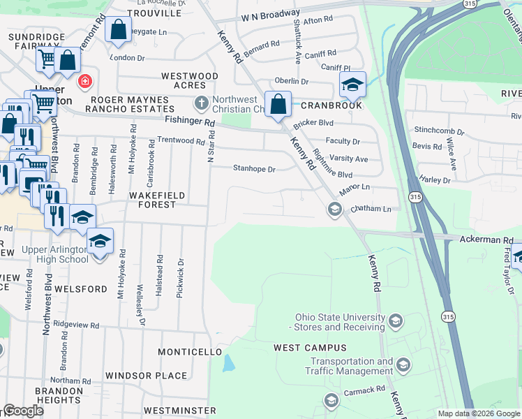 map of restaurants, bars, coffee shops, grocery stores, and more near 1154 Sunny Hill Drive in Columbus