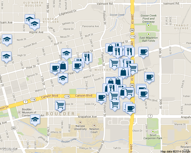 map of restaurants, bars, coffee shops, grocery stores, and more near 2340 Walnut Street in Boulder