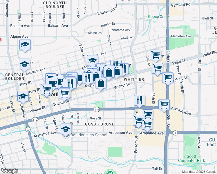 map of restaurants, bars, coffee shops, grocery stores, and more near 1927 22nd Street in Boulder