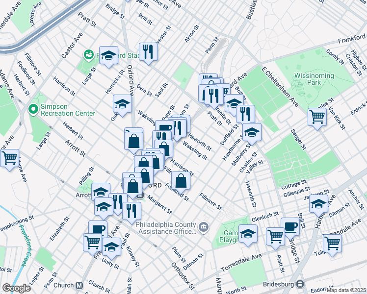 map of restaurants, bars, coffee shops, grocery stores, and more near 1623 Wakeling Street in Philadelphia