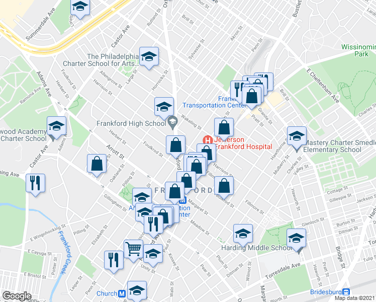 map of restaurants, bars, coffee shops, grocery stores, and more near 4831 Oxford Avenue in Philadelphia