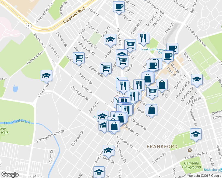 map of restaurants, bars, coffee shops, grocery stores, and more near 1358 Fillmore Street in Philadelphia