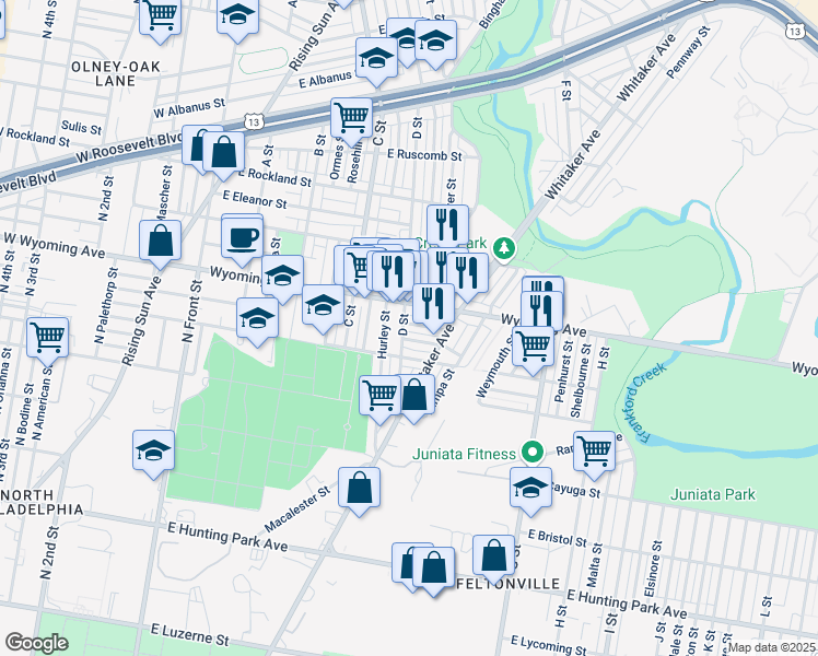 map of restaurants, bars, coffee shops, grocery stores, and more near 523 East Luray Street in Philadelphia
