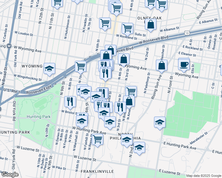 map of restaurants, bars, coffee shops, grocery stores, and more near 4510 North Lawrence Street in Philadelphia