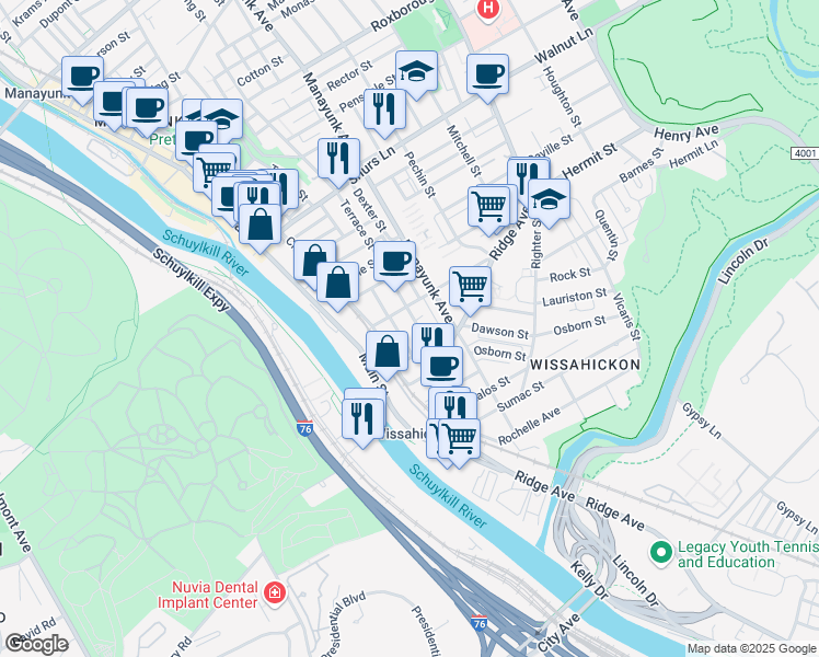 map of restaurants, bars, coffee shops, grocery stores, and more near 114 Salaignac Street in Philadelphia