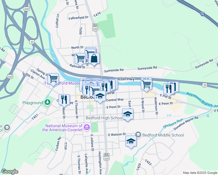 map of restaurants, bars, coffee shops, grocery stores, and more near 233 East Pitt Street in Bedford