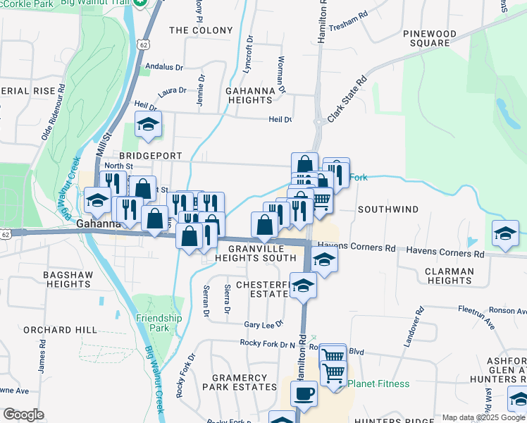 map of restaurants, bars, coffee shops, grocery stores, and more near 111 Rocky Creek Drive in Gahanna