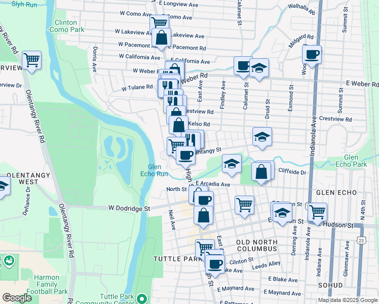 map of restaurants, bars, coffee shops, grocery stores, and more near 2845 North High Street in Columbus
