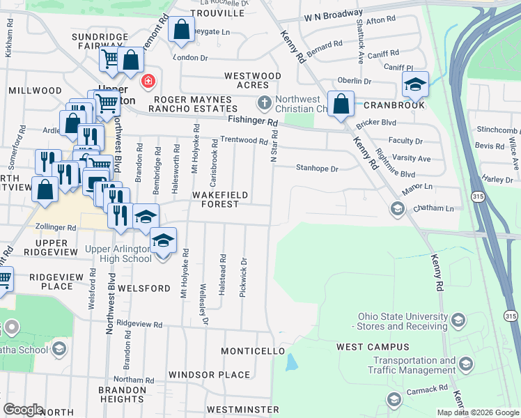 map of restaurants, bars, coffee shops, grocery stores, and more near 1375 Kirkley Road in Columbus
