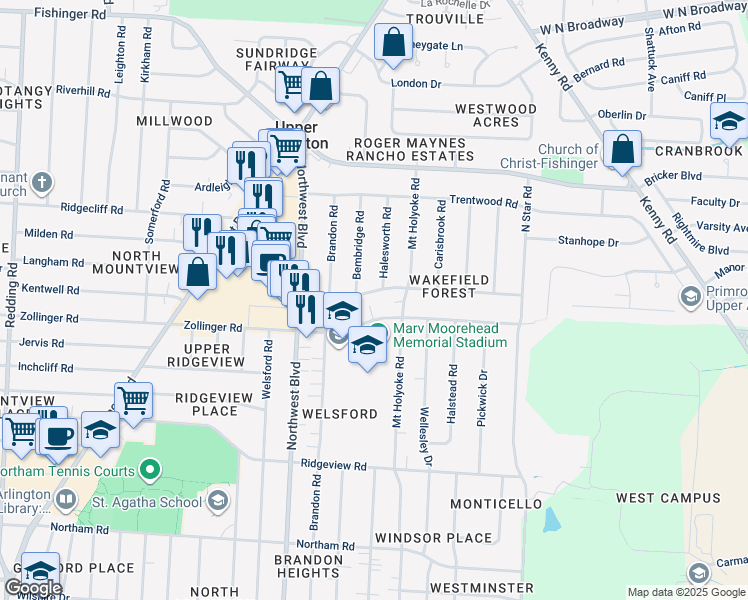 map of restaurants, bars, coffee shops, grocery stores, and more near 1537 Kirkley Road in Columbus