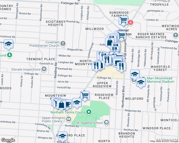 map of restaurants, bars, coffee shops, grocery stores, and more near 3127 Somerford Road in Columbus