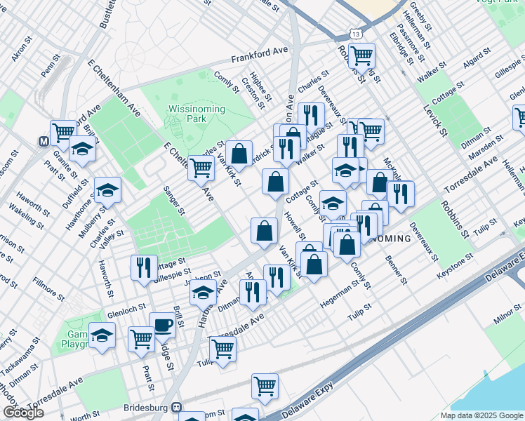 map of restaurants, bars, coffee shops, grocery stores, and more near 4327 Van Kirk Street in Philadelphia
