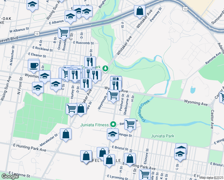 map of restaurants, bars, coffee shops, grocery stores, and more near 4665 Weymouth Street in Philadelphia