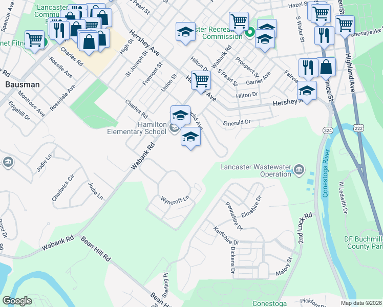 map of restaurants, bars, coffee shops, grocery stores, and more near 1300 Wabank Road in Lancaster