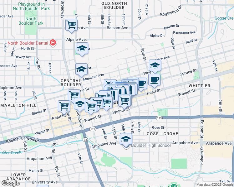 map of restaurants, bars, coffee shops, grocery stores, and more near 2040 16th Street in Boulder