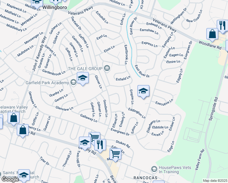 map of restaurants, bars, coffee shops, grocery stores, and more near 44 Eden Rock Lane in Willingboro