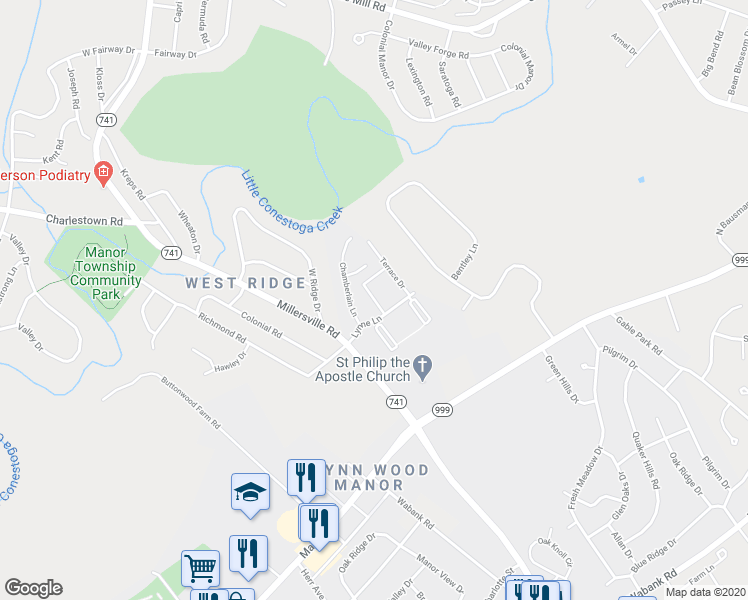 map of restaurants, bars, coffee shops, grocery stores, and more near 125 Country View Lane in Millersville