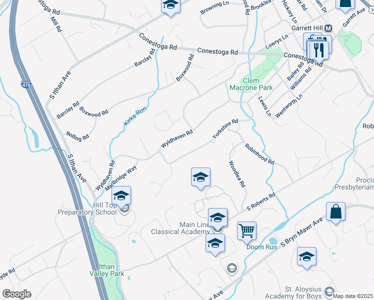 map of restaurants, bars, coffee shops, grocery stores, and more near 404 Yorkshire Road in Bryn Mawr