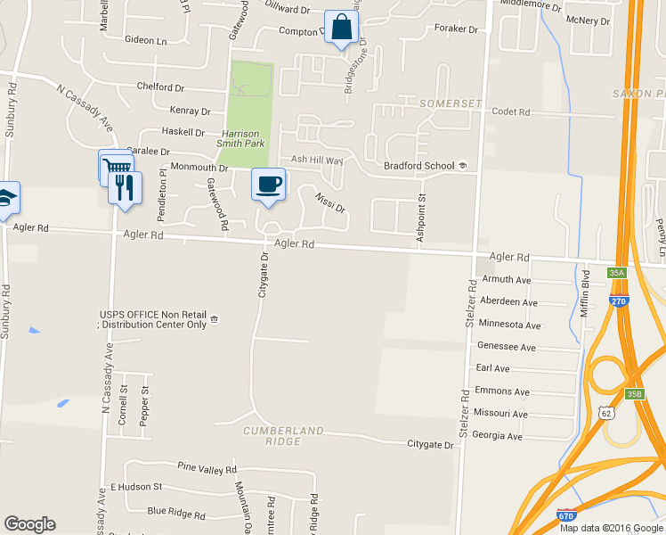 map of restaurants, bars, coffee shops, grocery stores, and more near 3443 Agler Road in Columbus