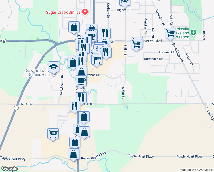 map of restaurants, bars, coffee shops, grocery stores, and more near 377 South Fork Drive in Crawfordsville