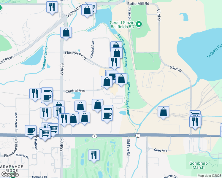 map of restaurants, bars, coffee shops, grocery stores, and more near 5811 Central Avenue in Boulder