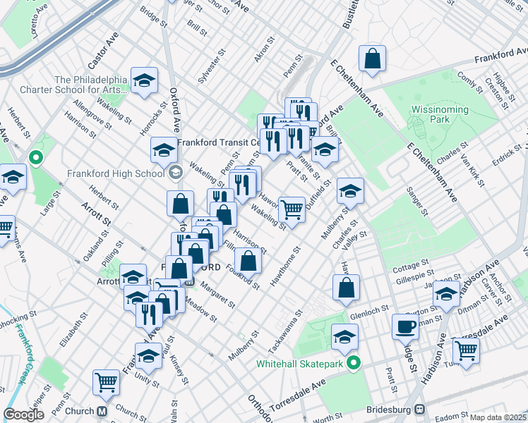 map of restaurants, bars, coffee shops, grocery stores, and more near 1637 Wakeling Street in Philadelphia