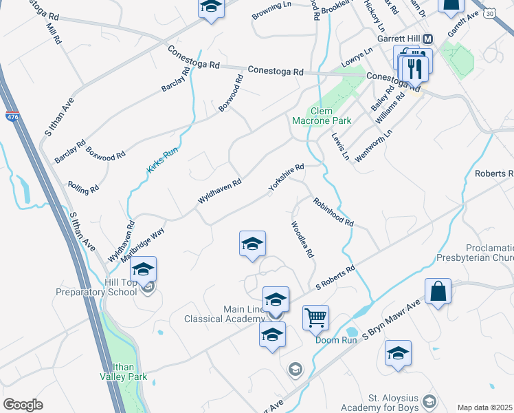 map of restaurants, bars, coffee shops, grocery stores, and more near 397 Yorkshire Road in Bryn Mawr