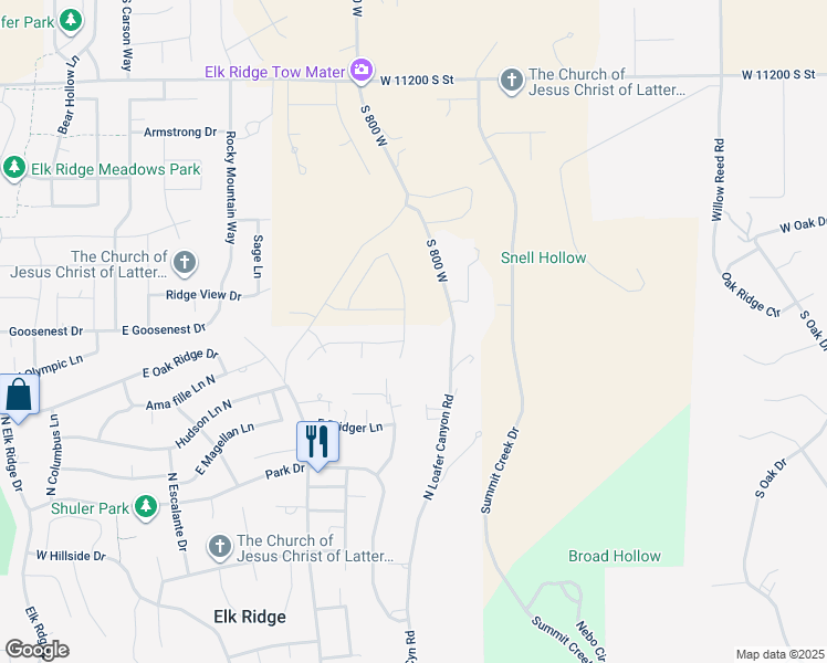 map of restaurants, bars, coffee shops, grocery stores, and more near 678 North Mountain View Drive in Elk Ridge
