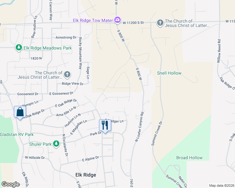 map of restaurants, bars, coffee shops, grocery stores, and more near 643 East Longview Drive in Elk Ridge