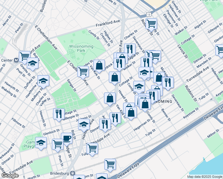 map of restaurants, bars, coffee shops, grocery stores, and more near 5812 Cottage Street in Philadelphia