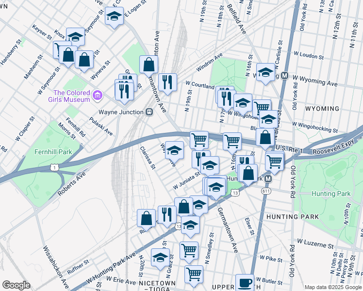 map of restaurants, bars, coffee shops, grocery stores, and more near 1915 Rowan Street in Philadelphia