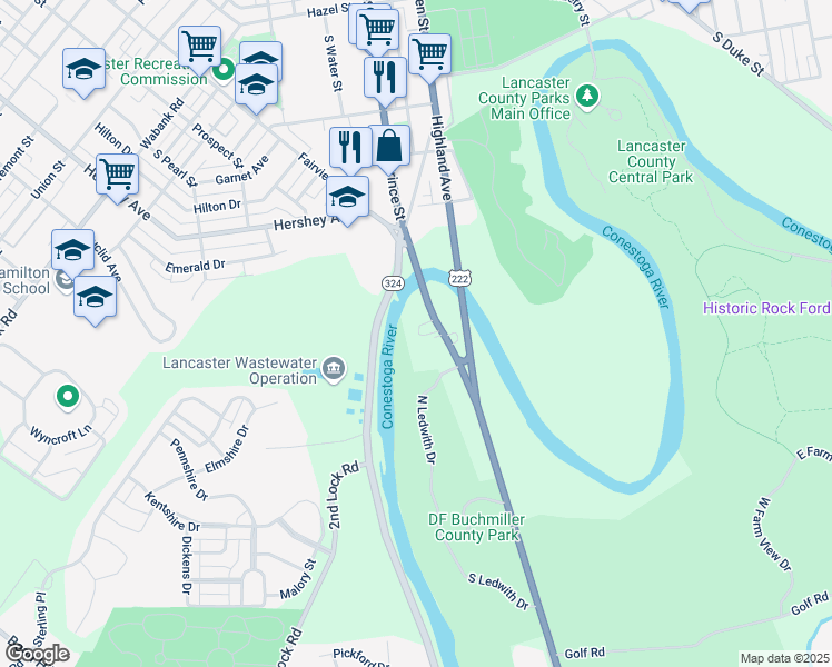 map of restaurants, bars, coffee shops, grocery stores, and more near 1014 Willow Street Pike in Lancaster