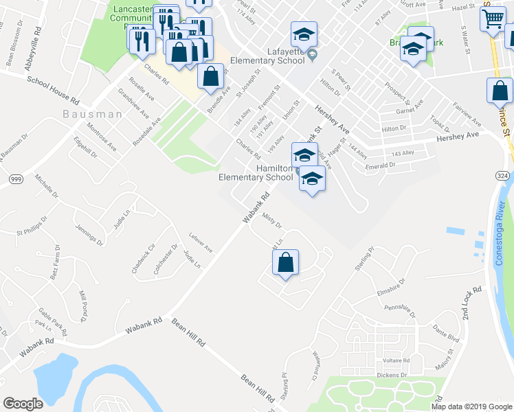 map of restaurants, bars, coffee shops, grocery stores, and more near 1377 Wabank Road in Lancaster