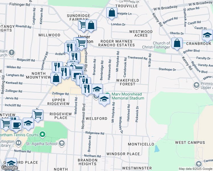map of restaurants, bars, coffee shops, grocery stores, and more near 1537 Kirkley Road in Columbus