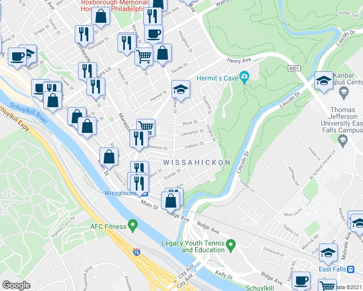 map of restaurants, bars, coffee shops, grocery stores, and more near 217 Osborn Street in Philadelphia