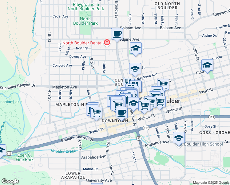 map of restaurants, bars, coffee shops, grocery stores, and more near 1053 Pine Street in Boulder