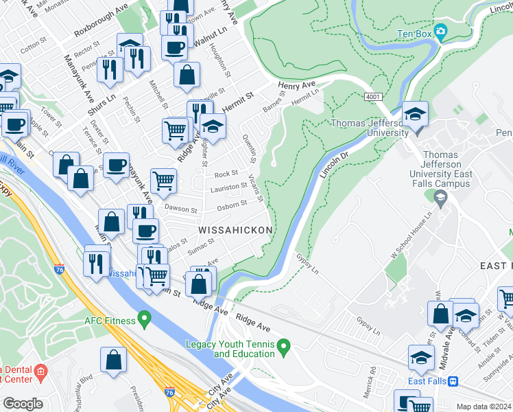 map of restaurants, bars, coffee shops, grocery stores, and more near 282 Osborn Street in Philadelphia