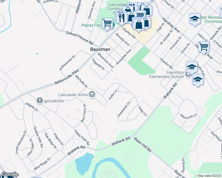 map of restaurants, bars, coffee shops, grocery stores, and more near 32 Judie Lane in Lancaster